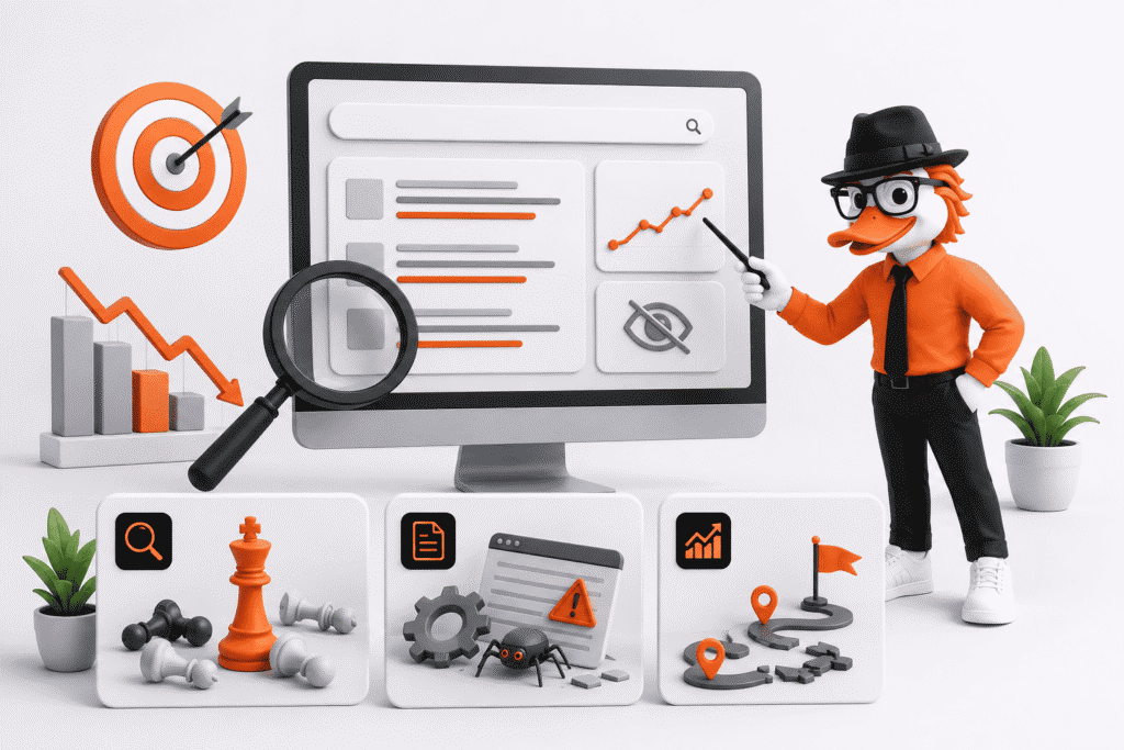 cluttered SEO report vs. structured ranking dashboard