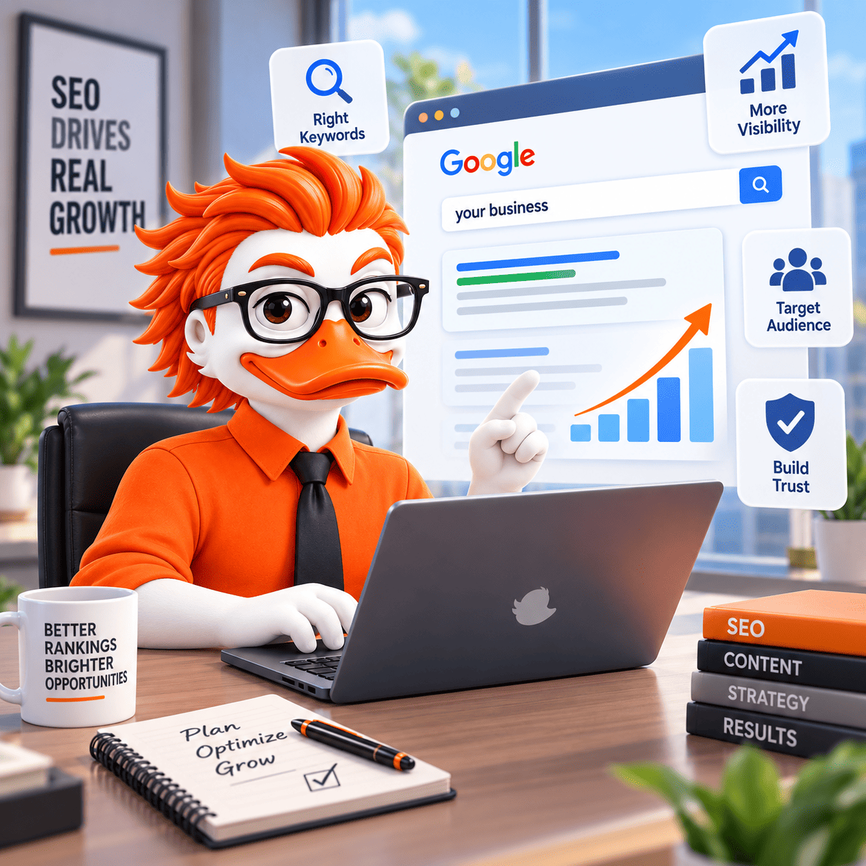seo-services-organic-traffic-growth SEO Services line chart showing organic search traffic climbing as rankings improve