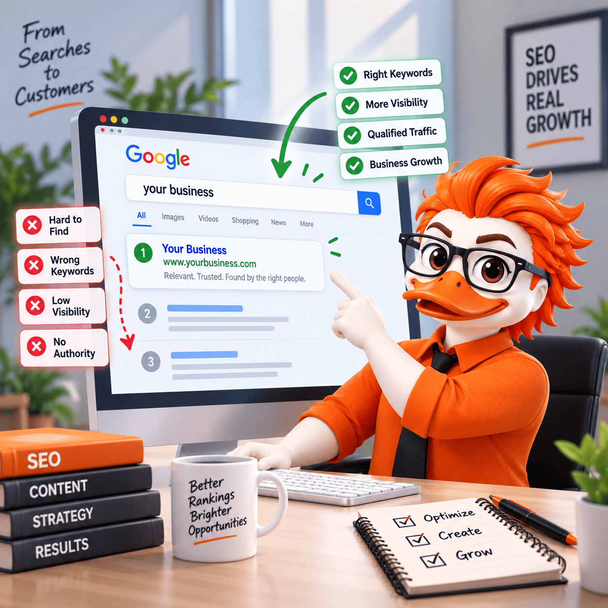 seo-services-organic-traffic-growth SEO Services line chart showing organic search traffic climbing as rankings improve
