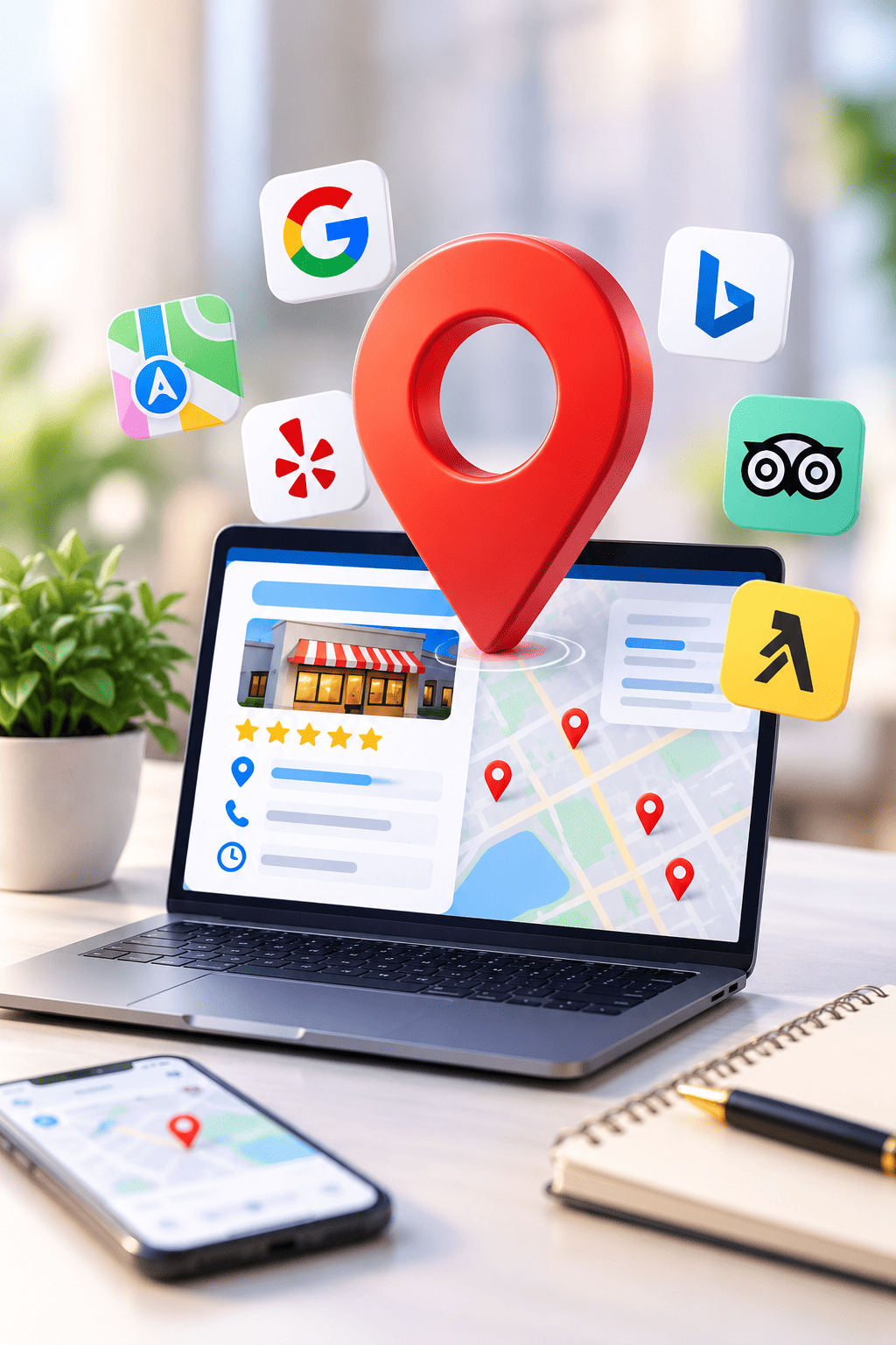 Local citations for SEO Local citations for SEO diagram showing a business listing with consistent NAP across directories like Google, Yelp, and Bing